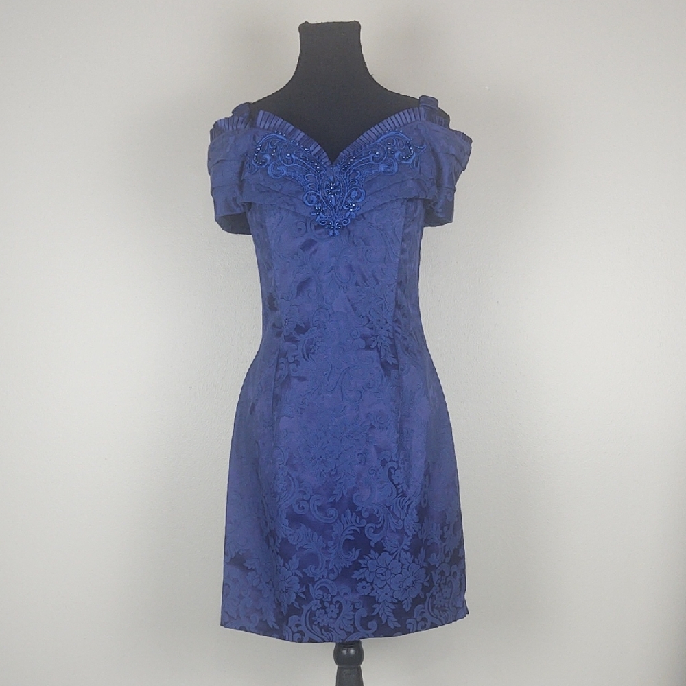 Jessica McClintock Gunne Sax VTG 90s Off Shoulder Beaded Dress 9/10 Fits XS Blue